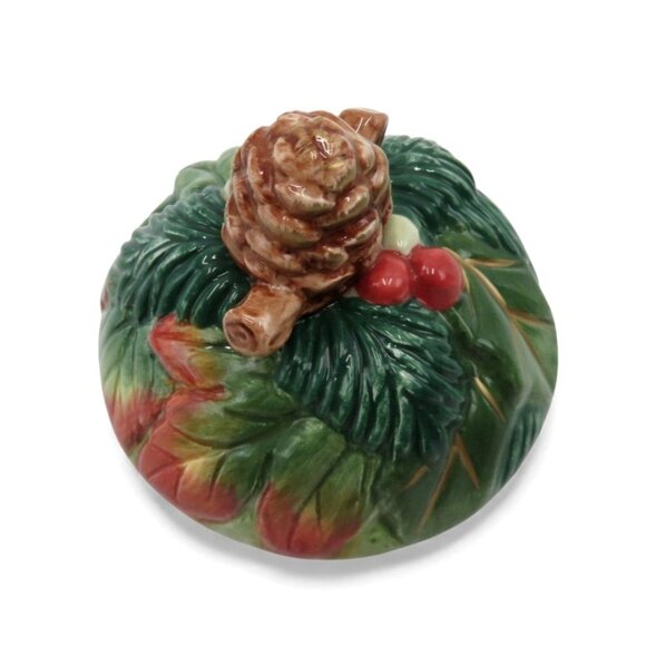 FITZ and FLOYD Classics Christmas Lodge Sugar Bowl Pinecone and Leaf Design - Picture 3 of 10